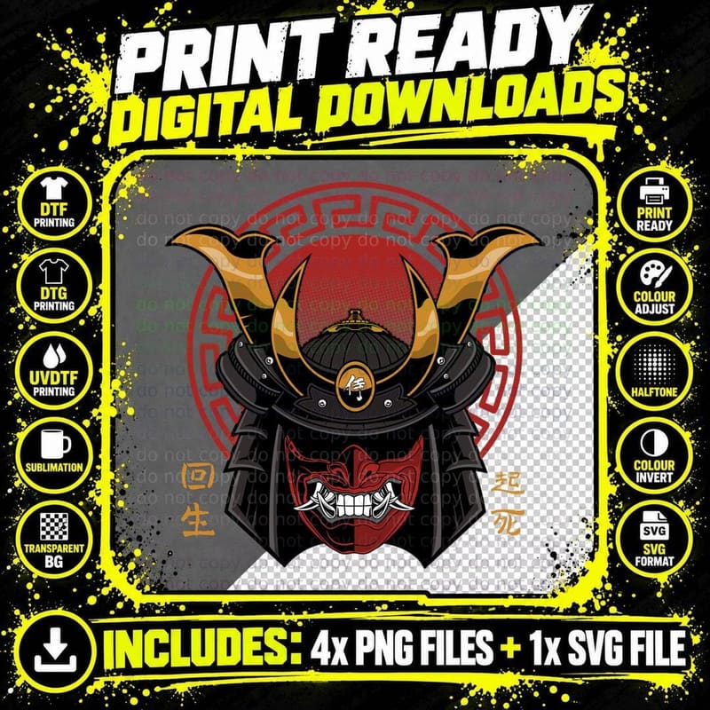 Samurai Helmet Demon Mask Red Gold T-Shirt Png SVG Digital Bundle
