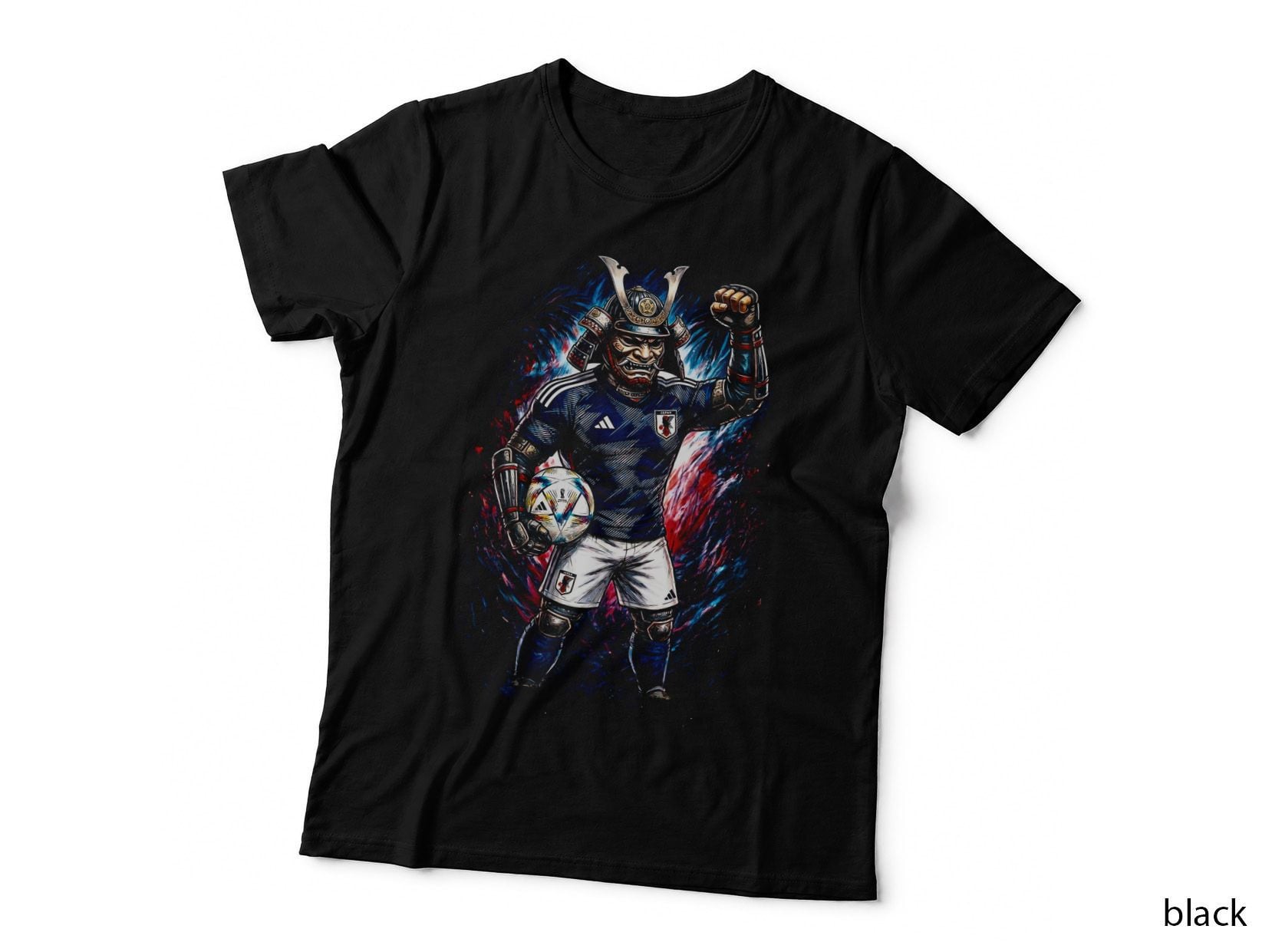 Samurai Helmet Warrior Mascot Footballer Blue Jersey Fist Raised Holding T-Shirt
