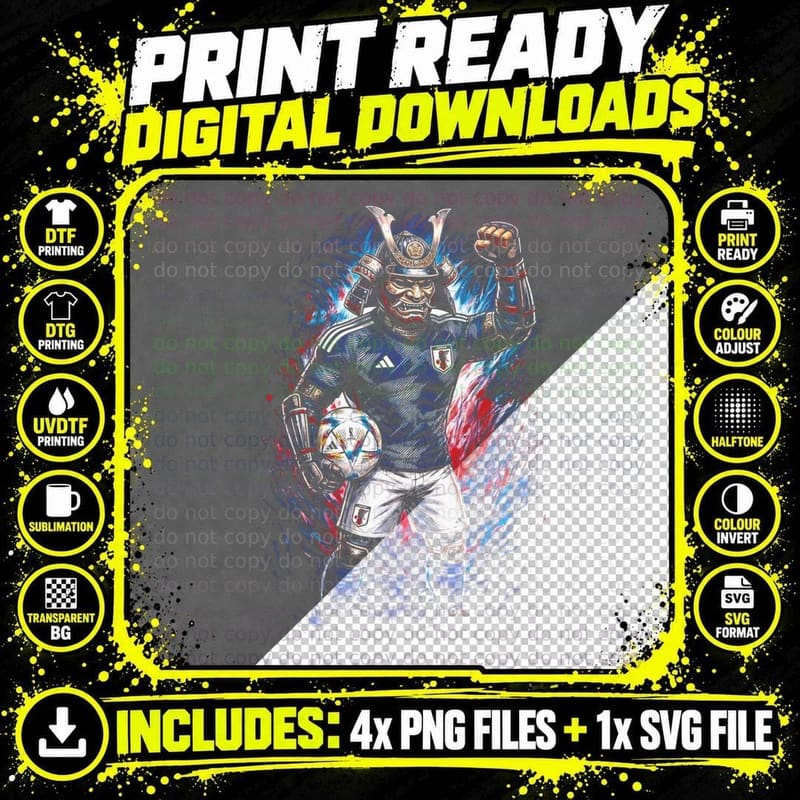 Samurai Helmet Warrior Mascot Footballer Blue Jersey Png SVG Digital Bundle