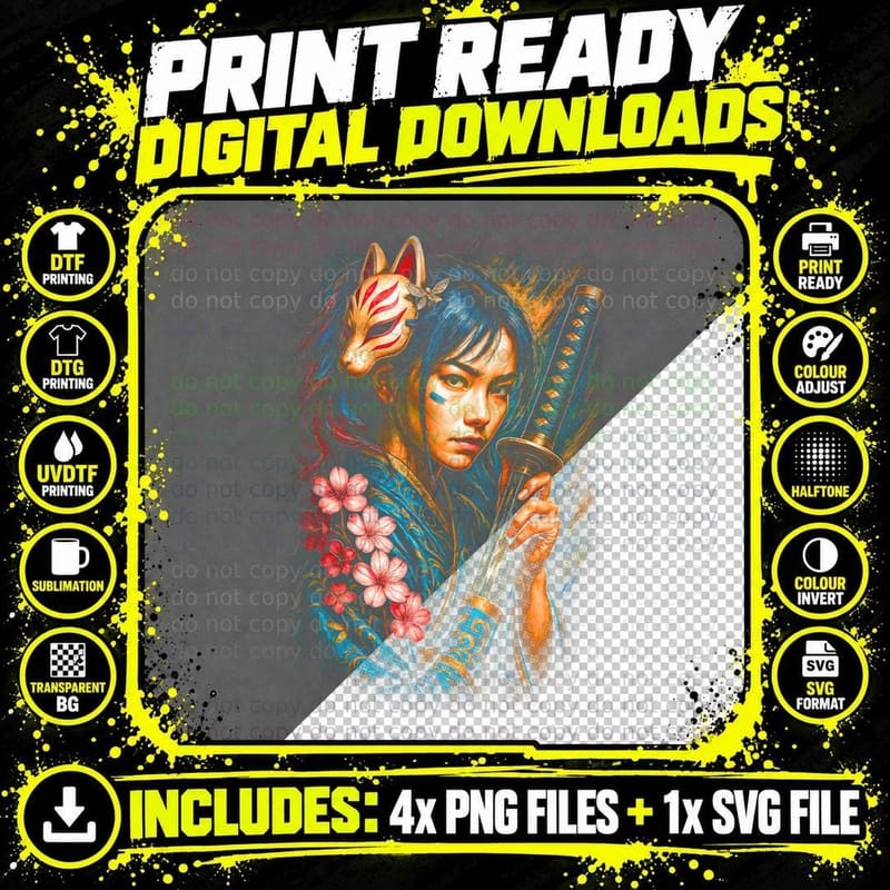 Samurai Inspired T-Shirt, Modern Japanese Art Png SVG Digital Bundle