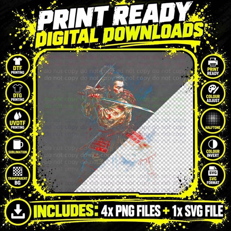 Samurai Lord T-Shirt, Halftone Japanese Warrior Graphic Png SVG Digital Bundle