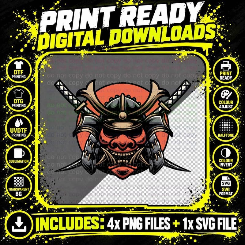 Samurai Mask Helmet Red Orange T-Shirt Png SVG Digital Bundle