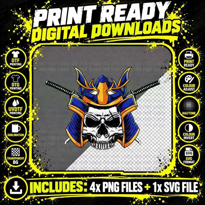 Samurai Skull Blue Gold Helmet Horns Katanas Japanese Png SVG Digital Bundle