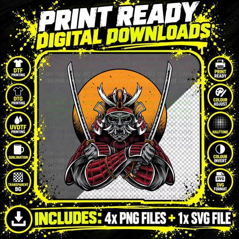 Samurai Skull Demon with Dual Swords Horns Red Orange Png SVG Digital Bundle