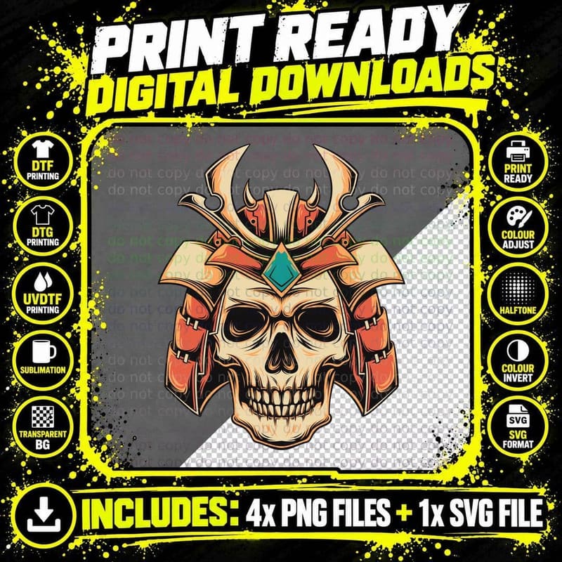 Samurai Skull Horns Armor Japanese Ornate T-Shirt Png SVG Digital Bundle