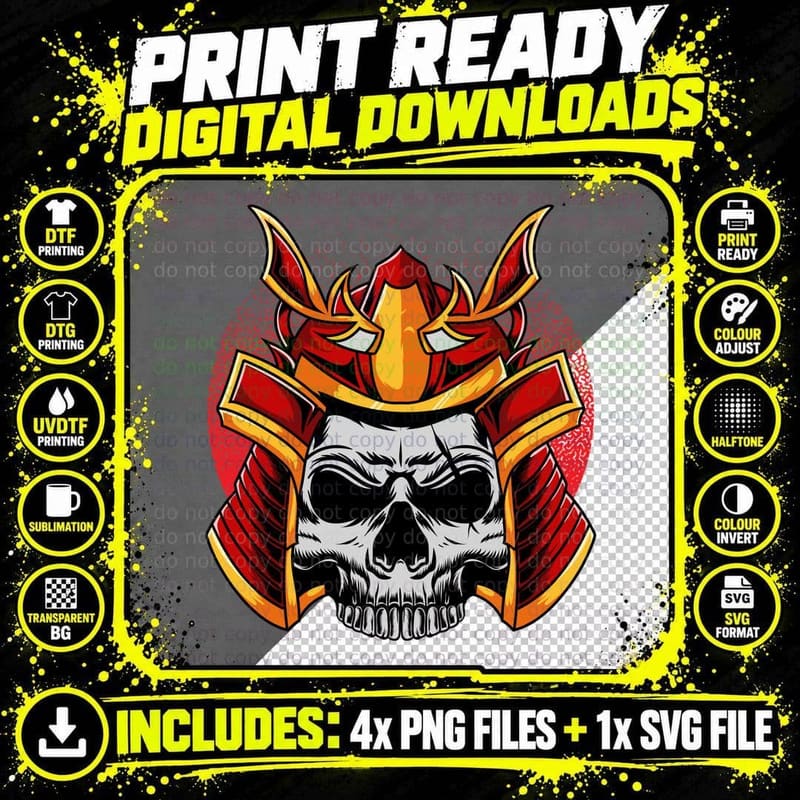 Samurai Skull Red Orange Helmet Horns Wings Warrior Png SVG Digital Bundle