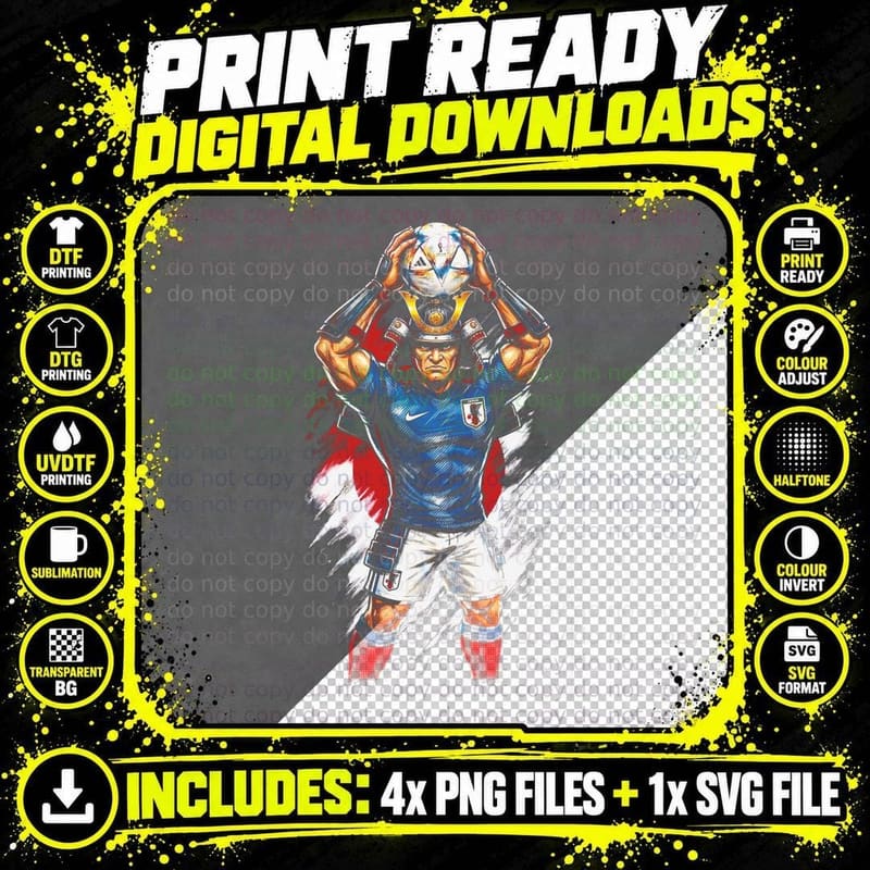 Samurai Warrior Footballer Gold Helmet Blue Kit Holding Png SVG Digital Bundle