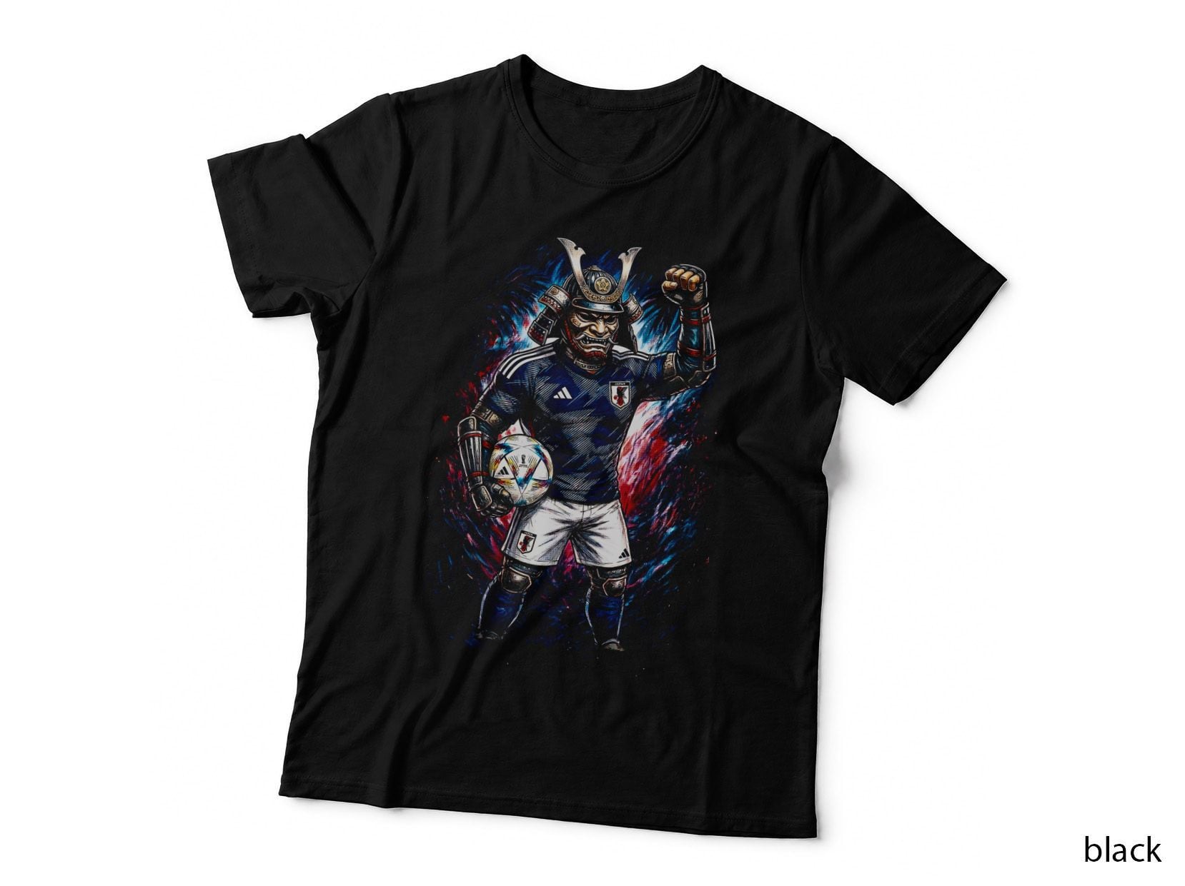 Samurai Warrior Footballer Horned Helmet Blue Kit Fist Raised Holding T-Shirt