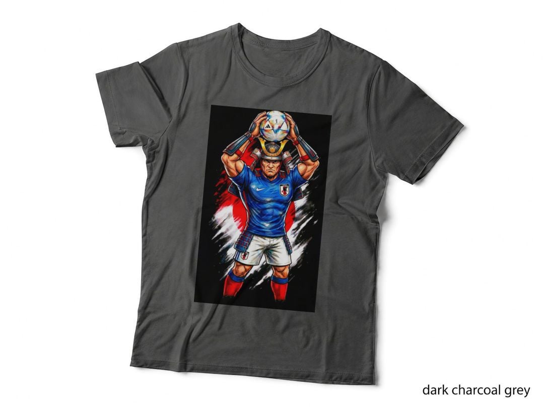 Samurai Warrior Gold Red Helmet Mascot Blue Japan Jersey Goalkeeper T-Shirt