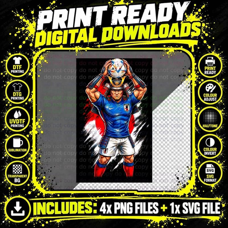 Samurai Warrior Gold Red Helmet Mascot Blue Japan Jersey Png SVG Digital Bundle