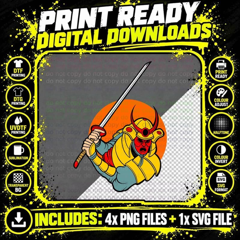 Samurai Warrior Sword Red Mask Yellow Armor T-Shirt Png SVG Digital Bundle