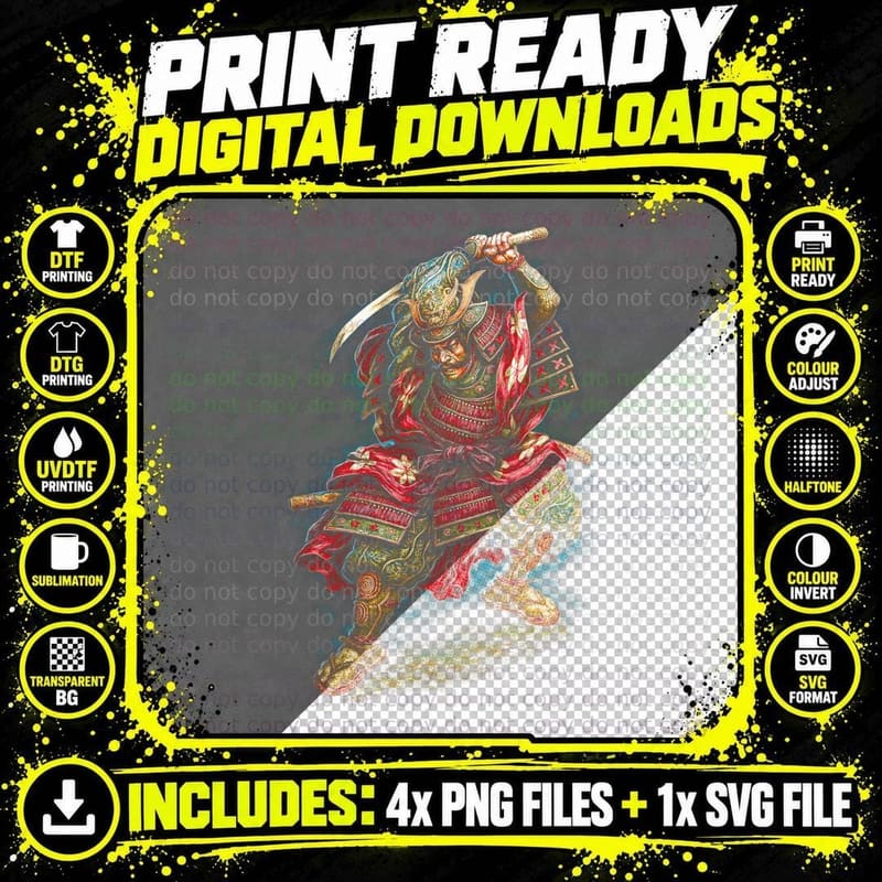 Samurai Warrior T-Shirt, Dynamic Japanese Armor Print Png SVG Digital Bundle