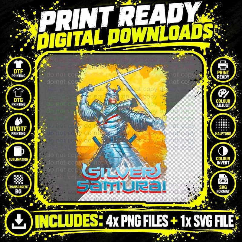 Silver Samurai Blue Character Halftone T-Shirt Png SVG Digital Bundle