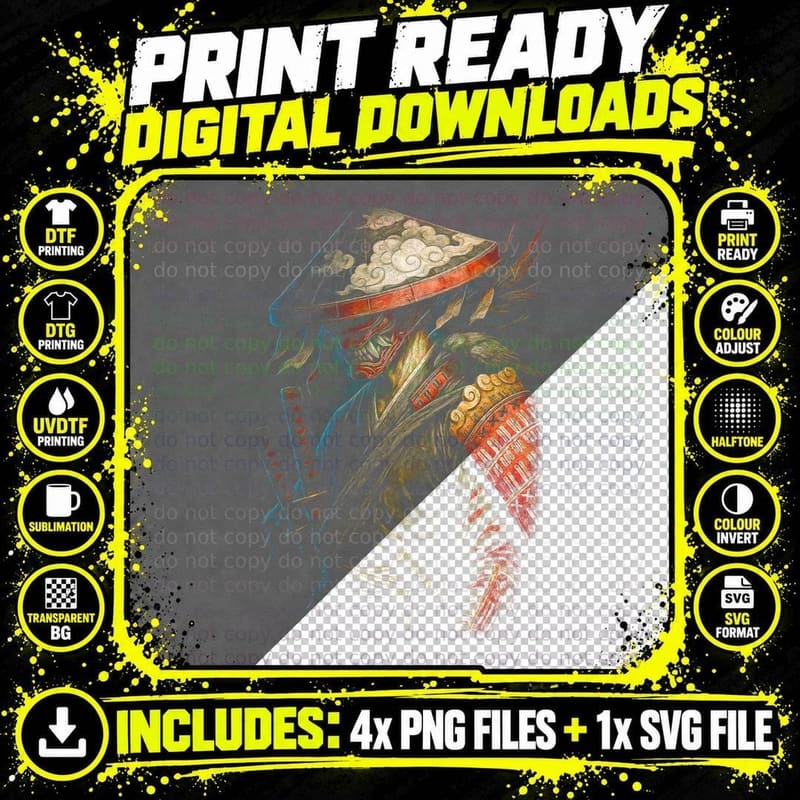 Skeletal Samurai T-Shirt, Halftone Japanese Ronin Png SVG Digital Bundle
