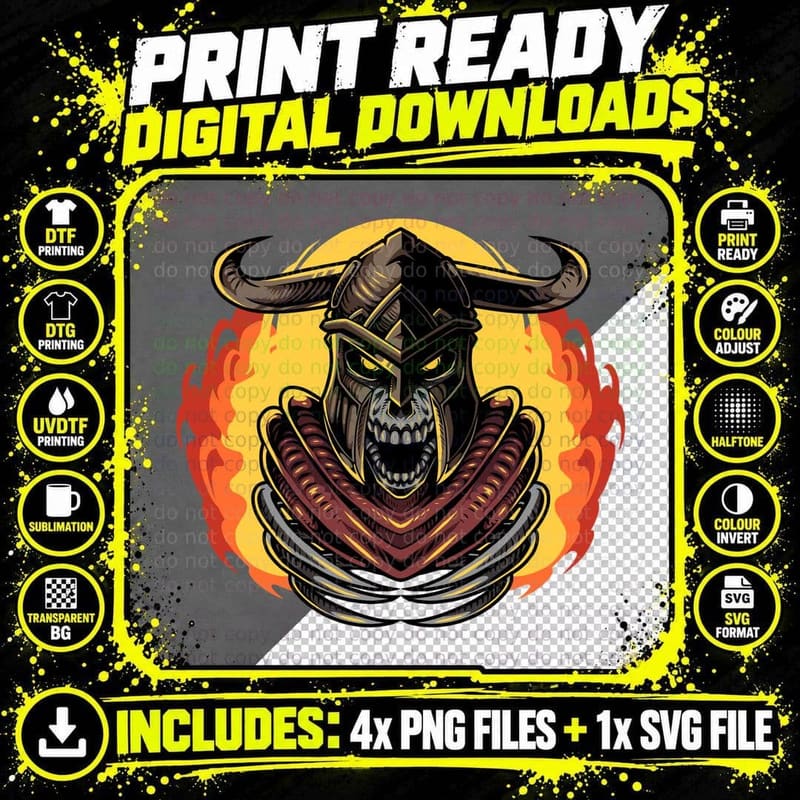 Skull Viking Helmet Horns Fire T-Shirt Png SVG Digital Bundle