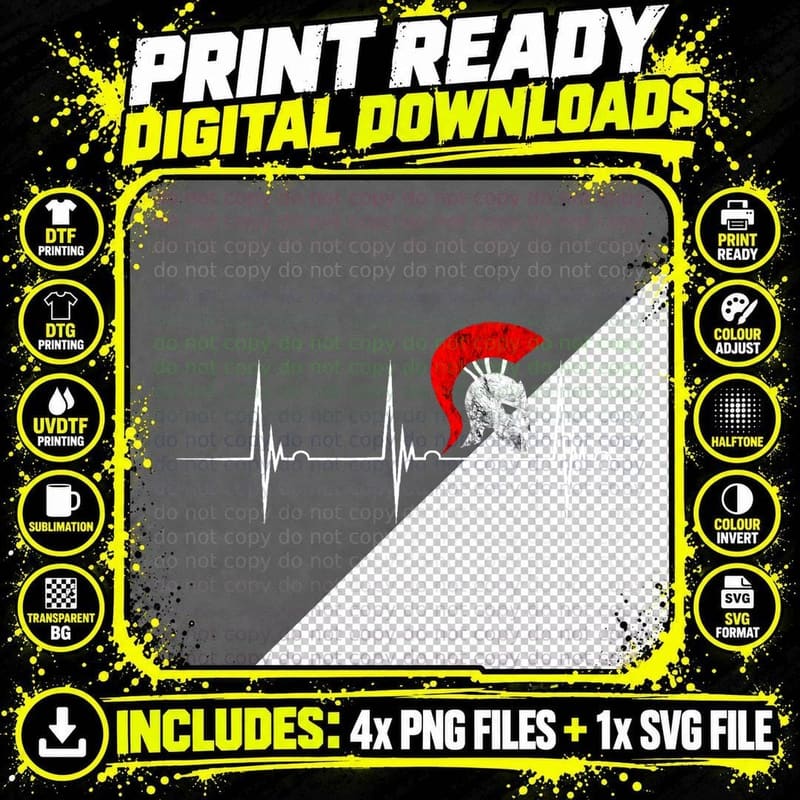 Spartan Helmet Heartbeat EKG Pulseline Gladiator Warrior Png SVG Digital Bundle