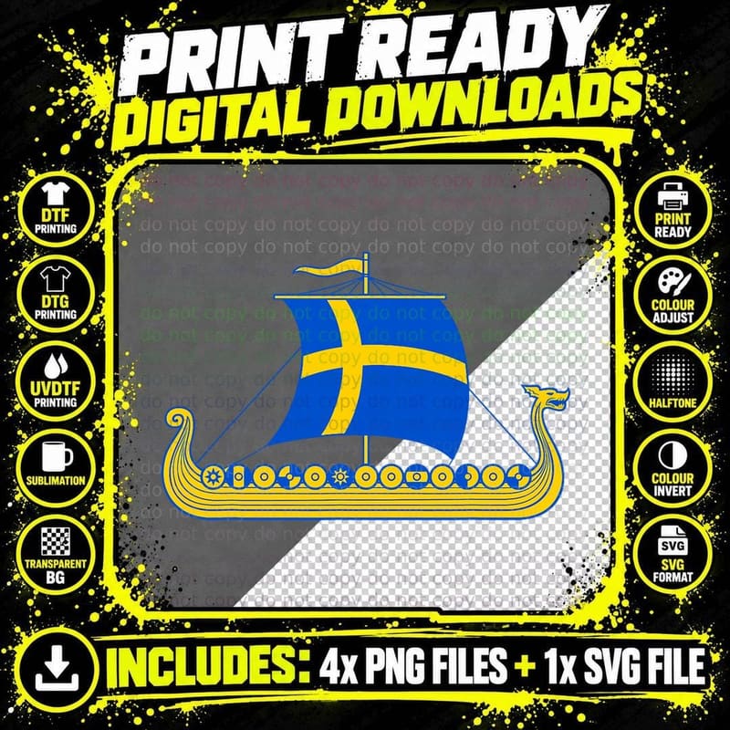 Swedish Viking Ship Sverige Sweden Flag Boat Viking Png SVG Digital Bundle