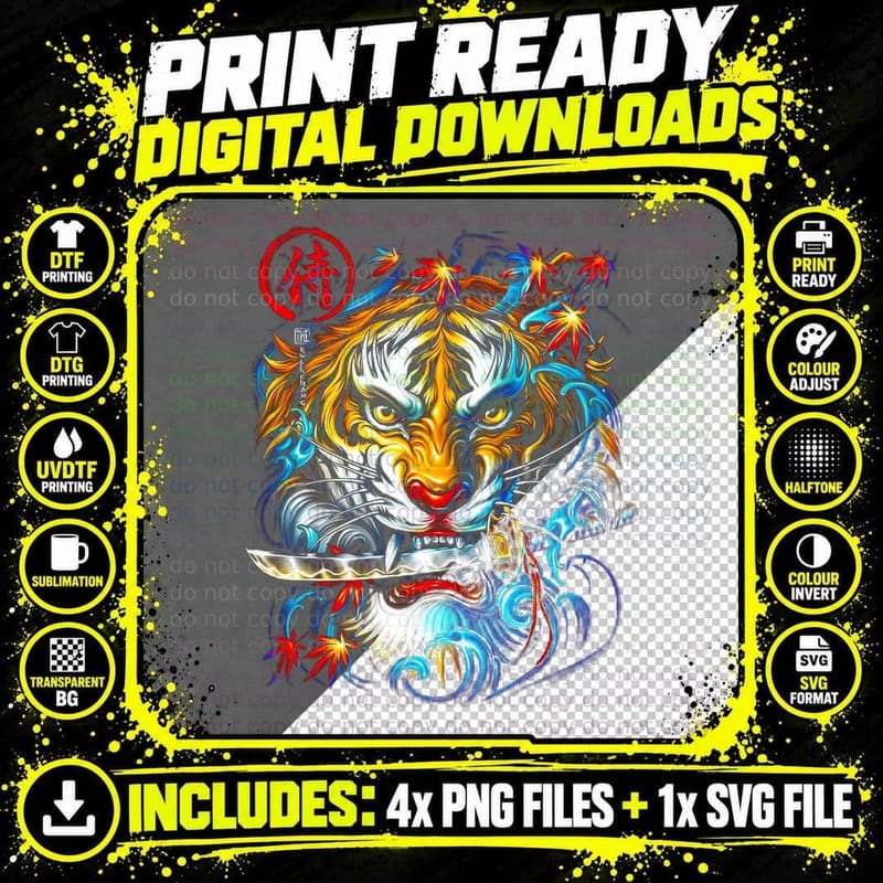 Tigre Samurai T-Shirt, Japanese Art Print, White Garment Png SVG Digital Bundle