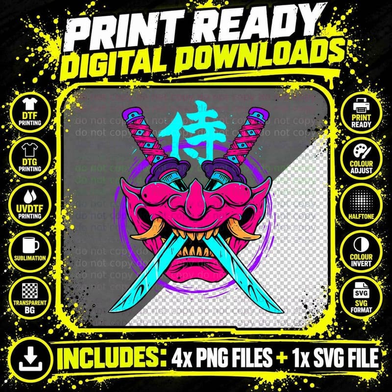 Vaporwave Aesthetic Japanese Samurai Mask Oni Kanji Png SVG Digital Bundle