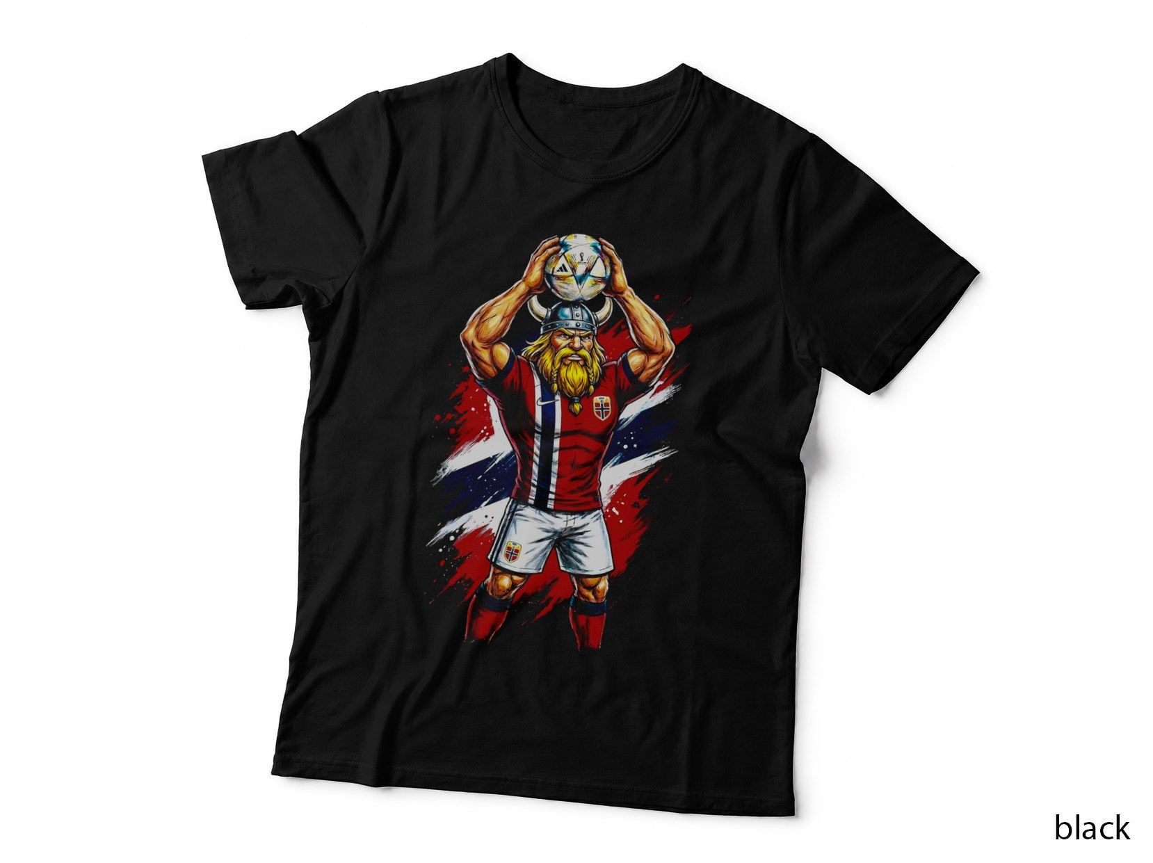 Viking Footballer Mascot Horned Helmet Red and White Jersey Holding Ball T-Shirt