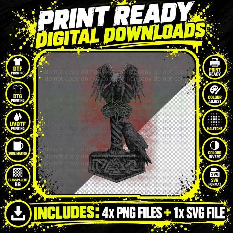 Viking Norse Mythology Thor's Mjolnir Odin's Huginn & Png SVG Digital Bundle