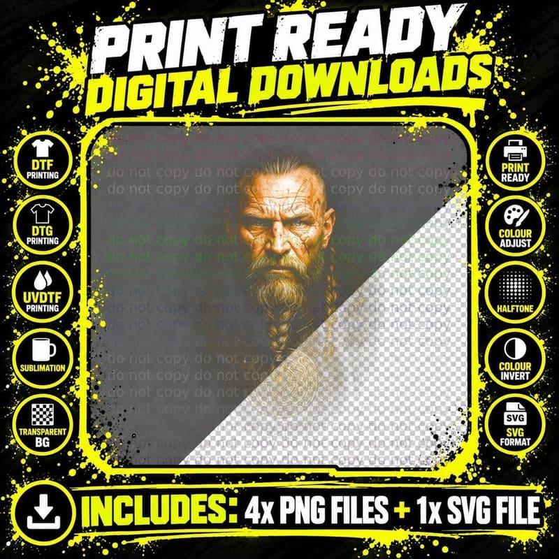Viking Warrior T-Shirt, Halftone Norse Portrait Graphic Png SVG Digital Bundle