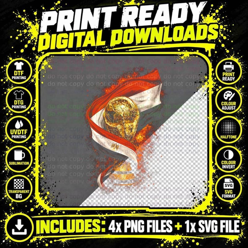 World Cup Trophy with Egypt Flag Gold Wrapped Red White Png SVG Digital Bundle