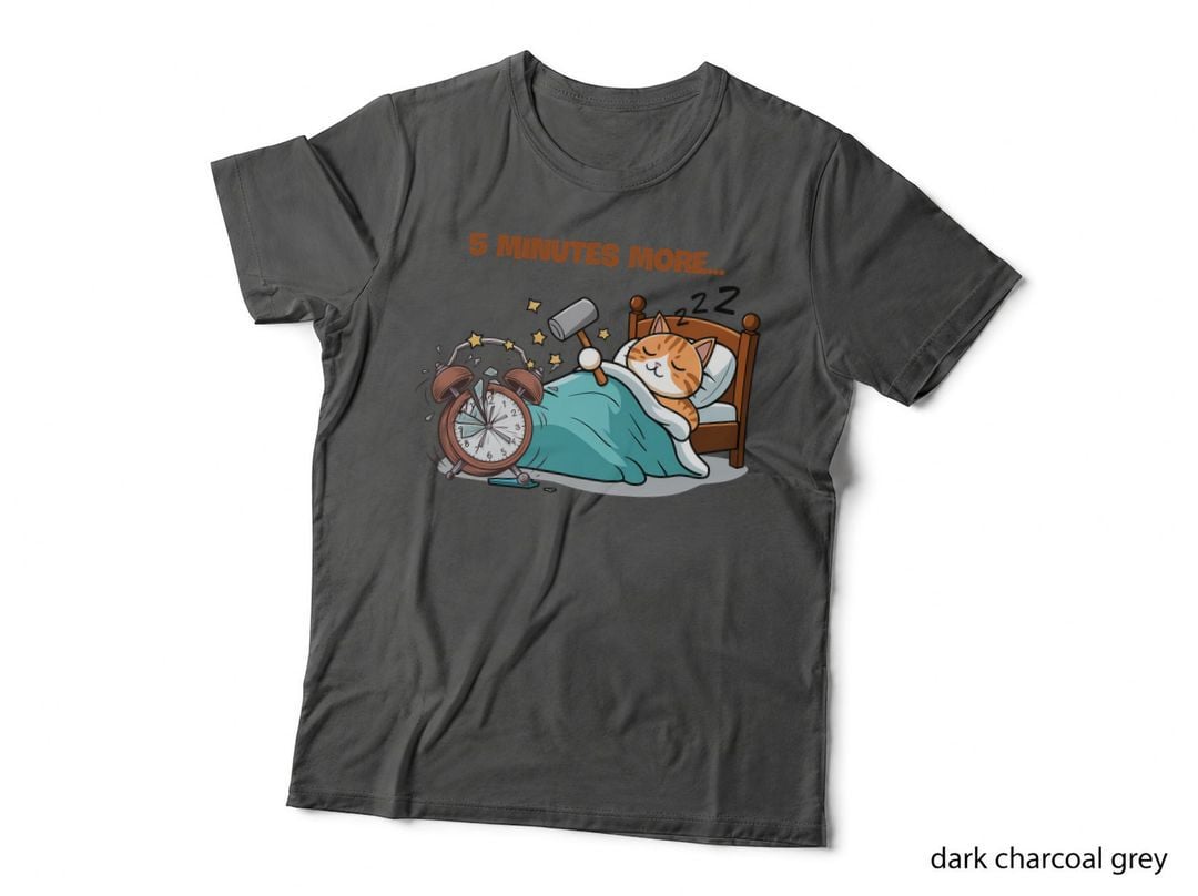 5 Minutes More... Funny Cat T-Shirt, Cat Sleeping in Bed with Alarm Clock