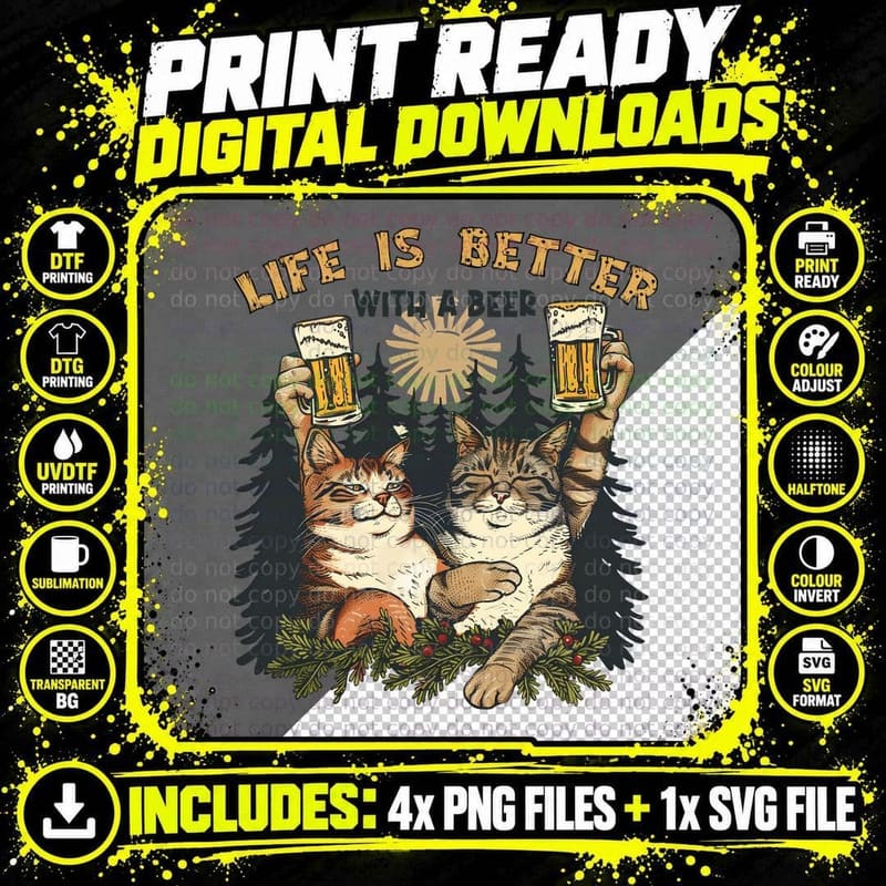 A Beer Cat T-Shirt, Cats Holding Beers in Forest Graphic Png SVG Digital Bundle
