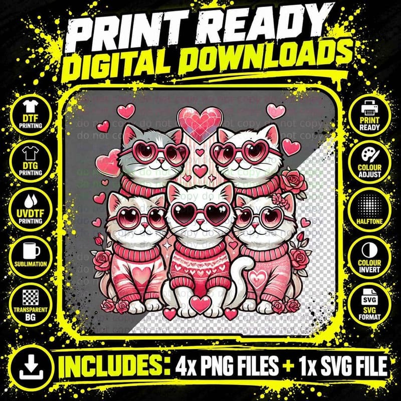 Adorable Cats in Heart Glasses Funny Cat T-Shirt Png SVG Digital Bundle