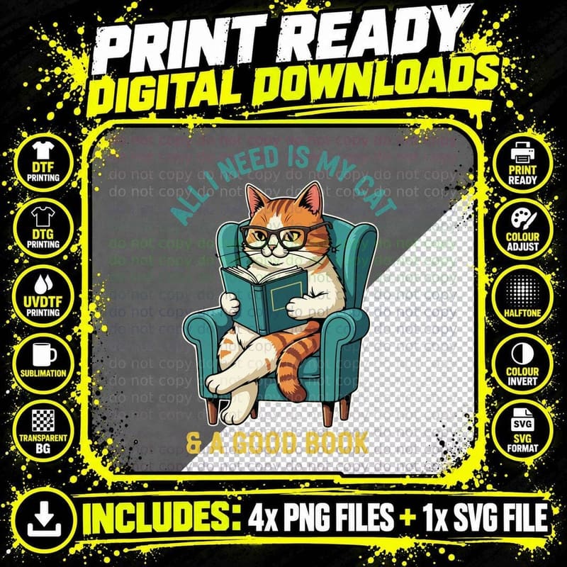 All I Need Is My Cat & a Good Book Books T-Shirt Png SVG Digital Bundle