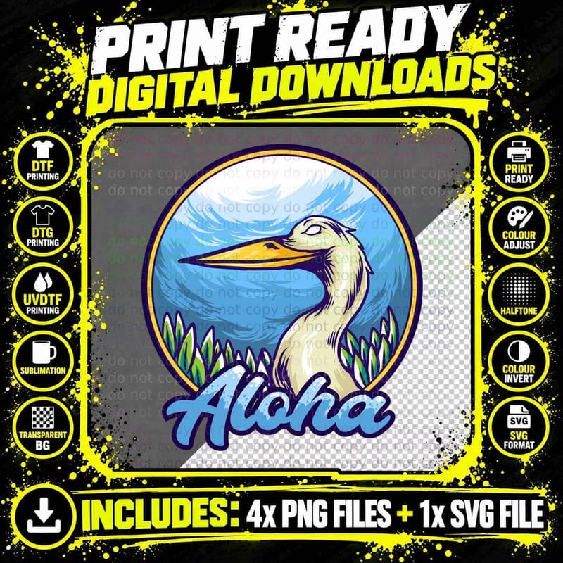 Aloha Bird Heron Blue Hawaiian Retro T-Shirt Png SVG Digital Bundle