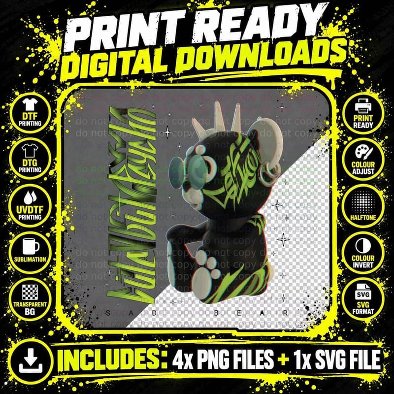 Alpha Diba Sadbe Ar Cyberpunk Alien Neon Bear Y2k Retro Png SVG Digital Bundle