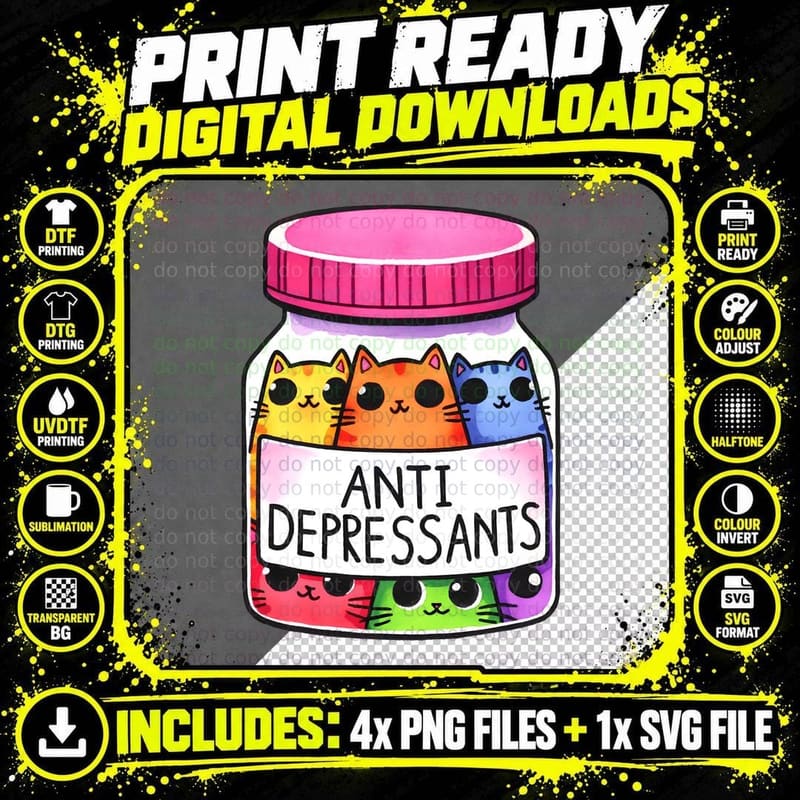 Anti Depressants Cat T-Shirt, Colorful Cats in Jar Png SVG Digital Bundle
