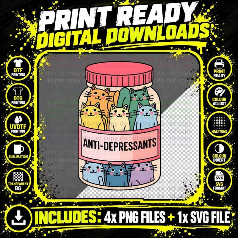 Anti-Depressants Funny Cat T-Shirt Png SVG Digital Bundle