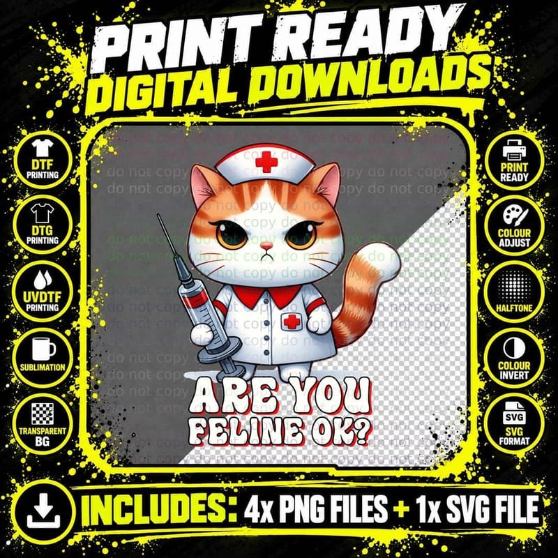 Are You Feline Ok Cat T-Shirt, Cat Nurse Holding Syringe Png SVG Digital Bundle