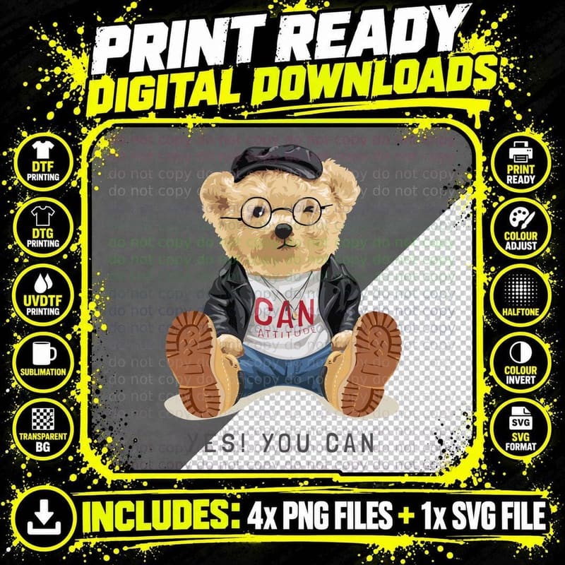 Attitude Bear Coach Can Yes You with Motivational Text Png SVG Digital Bundle