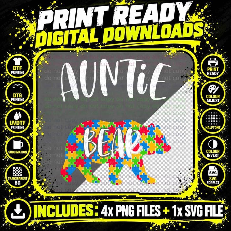 Auntie Bear Autism T-Shirt, Puzzle Bear Silhouette Png SVG Digital Bundle