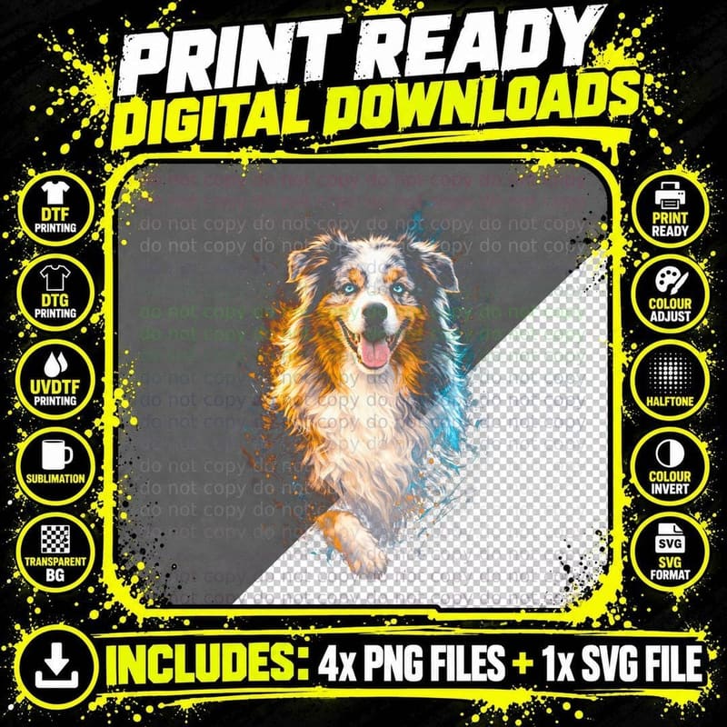 Australian Shepherd T-Shirt, Halftone Fire Ice Aussie Png SVG Digital Bundle