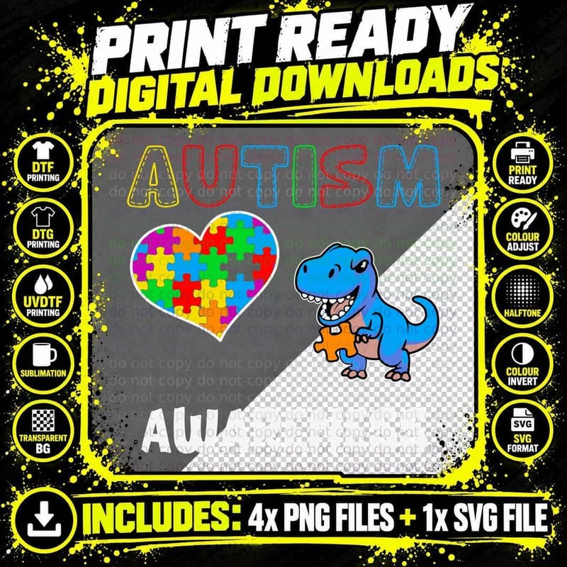 Autism Awareness Autism T-Shirt, Colorful Dinosaur Png SVG Digital Bundle
