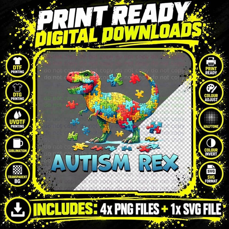 Autism Rex Autism T-Shirt, Colorful Dinosaur Puzzle Art Png SVG Digital Bundle