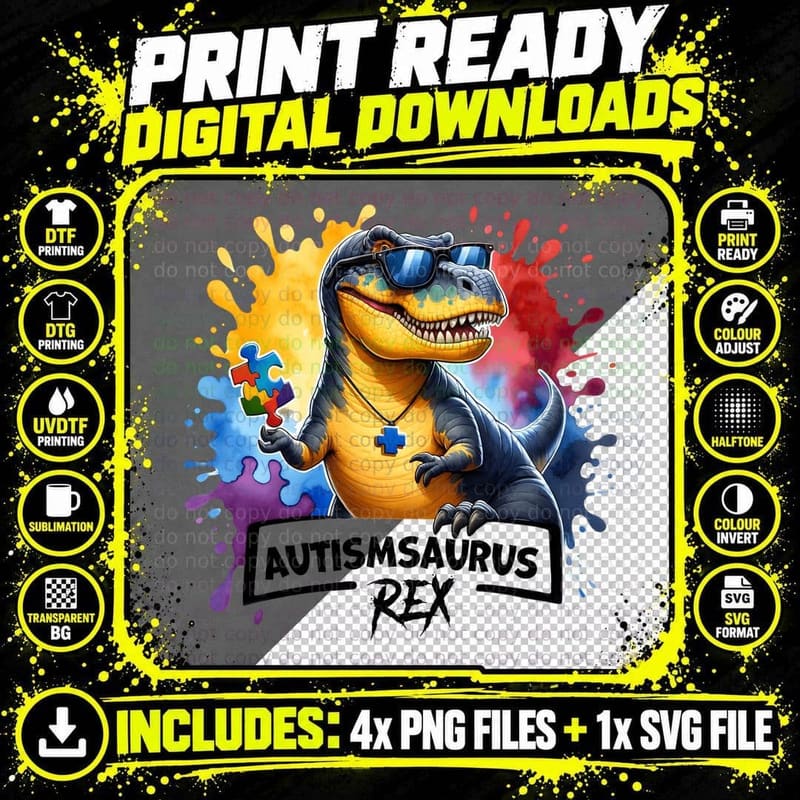 Autismsaurus Rex Autism T-Shirt, Colorful Dinosaur with Png SVG Digital Bundle