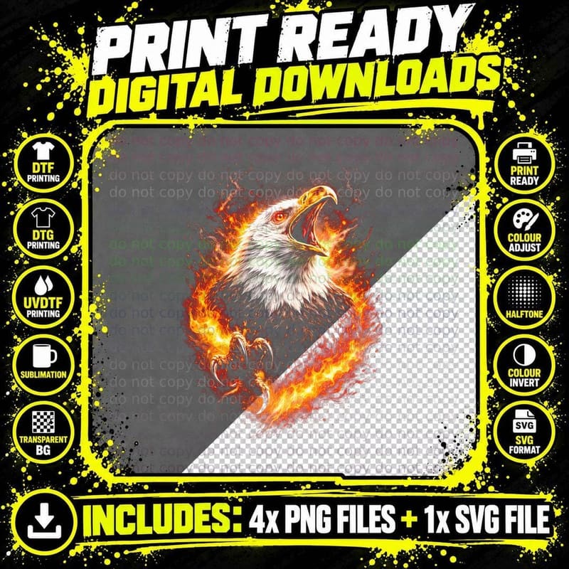 Bald Eagle T-Shirt, Halftone Flaming Eagle Profile Png SVG Digital Bundle