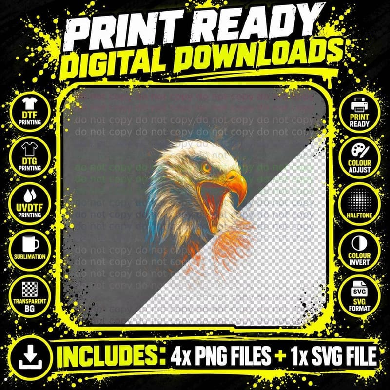 Bald Eagle T-Shirt, Halftone Screaming Bald Eagle Png SVG Digital Bundle
