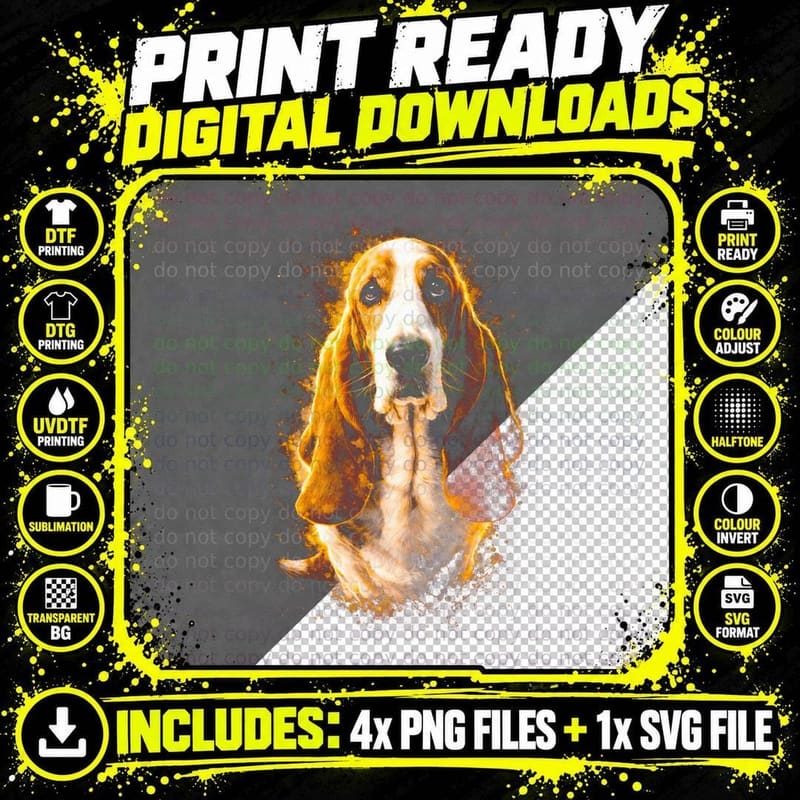 Basset Hound T-Shirt, Halftone Fire Basset Hound Graphic Png SVG Digital Bundle