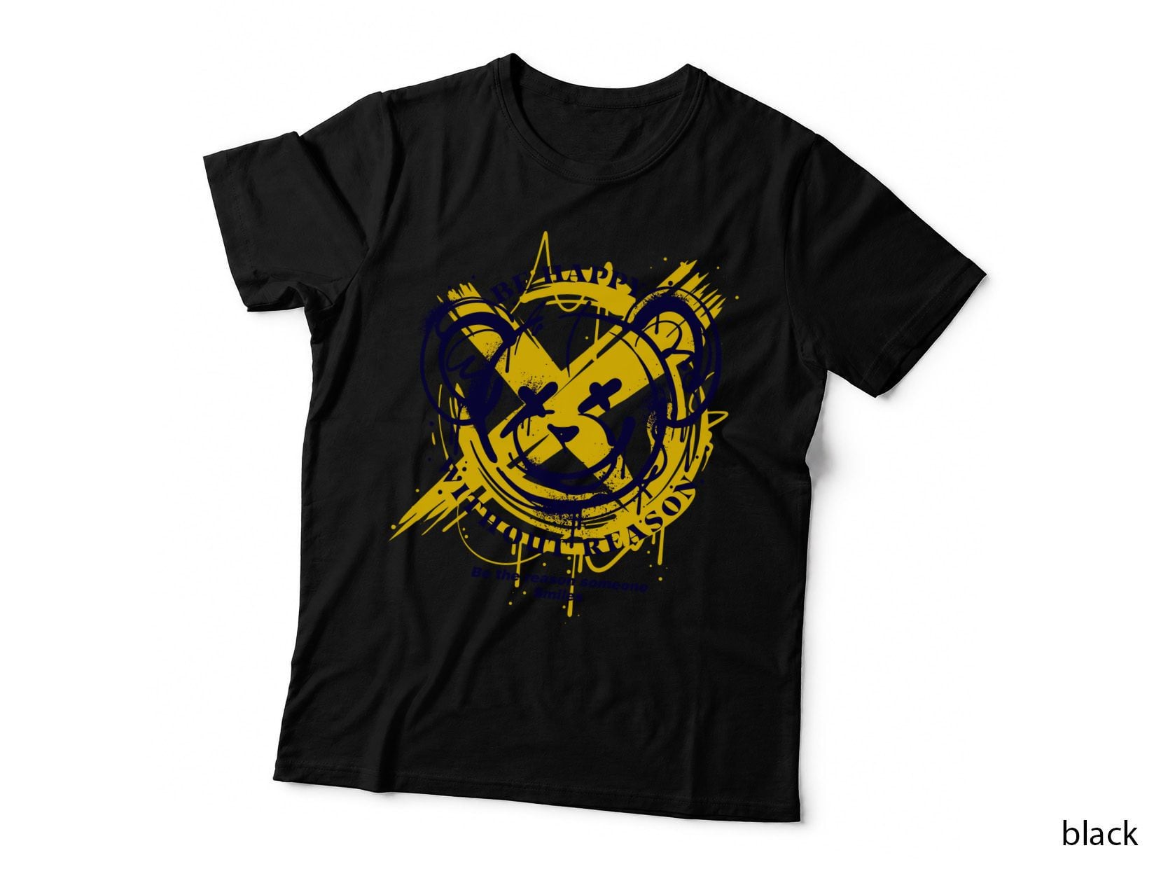 Be Happy the Reason Someone Smiles Yellow Blue Bear Smiley Distressed T-Shirt