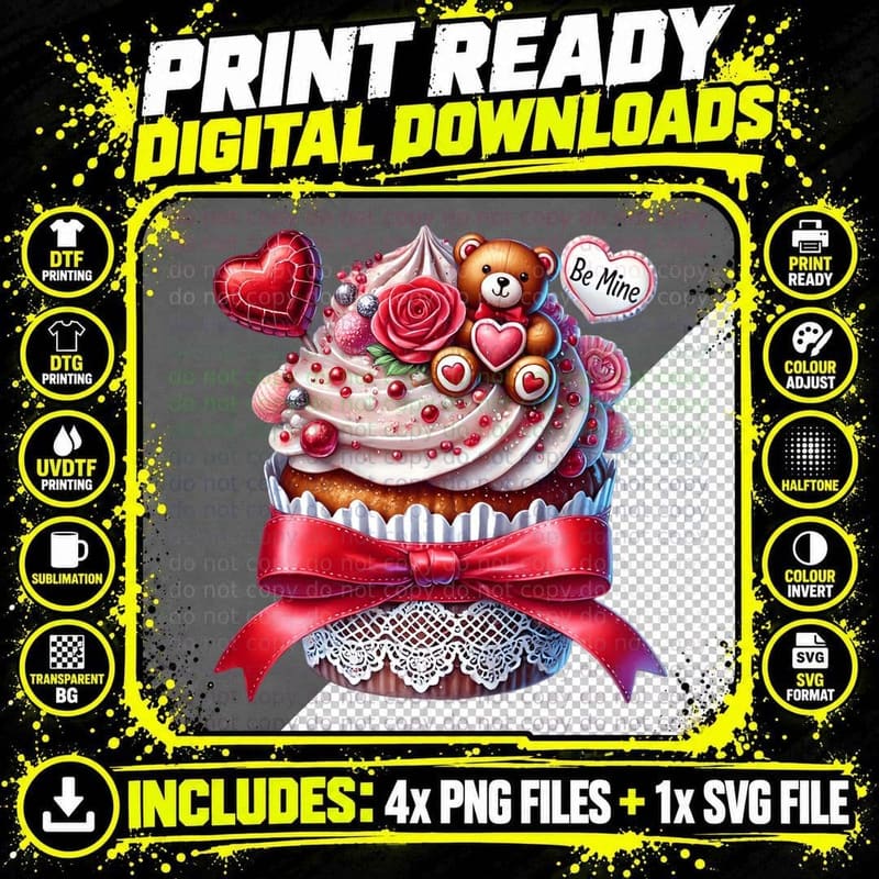 Be Mine 3D Cupcake Teddy Bear Heart T-Shirt Png SVG Digital Bundle