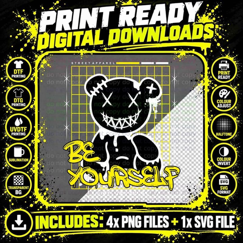 Be Yourself Always Think Positive Black Bear in Yellow Png SVG Digital Bundle
