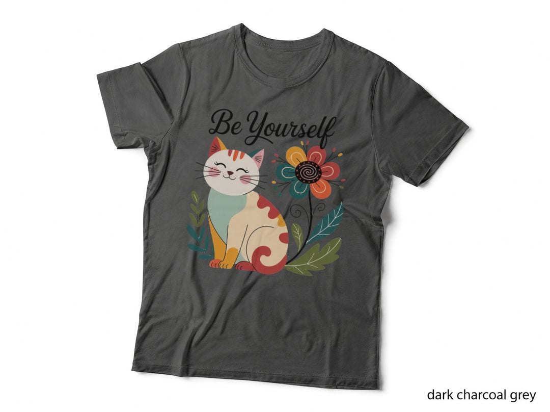 Be Yourself Cat T-Shirt, Whimsical Cat with Vibrant Flower Graphic Tee