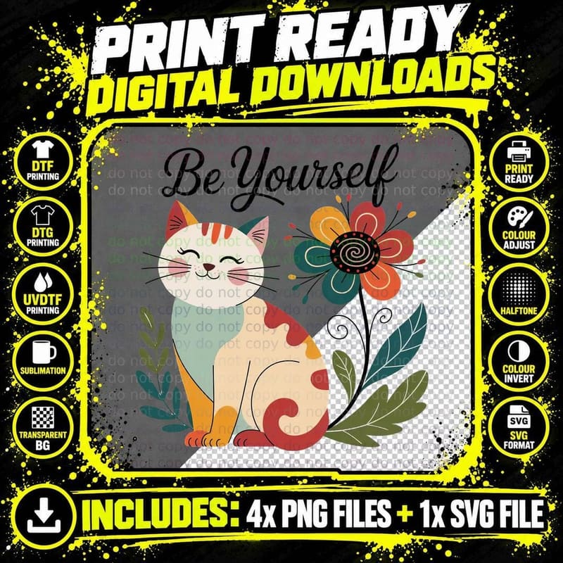 Be Yourself Cat T-Shirt, Whimsical Cat with Vibrant Png SVG Digital Bundle